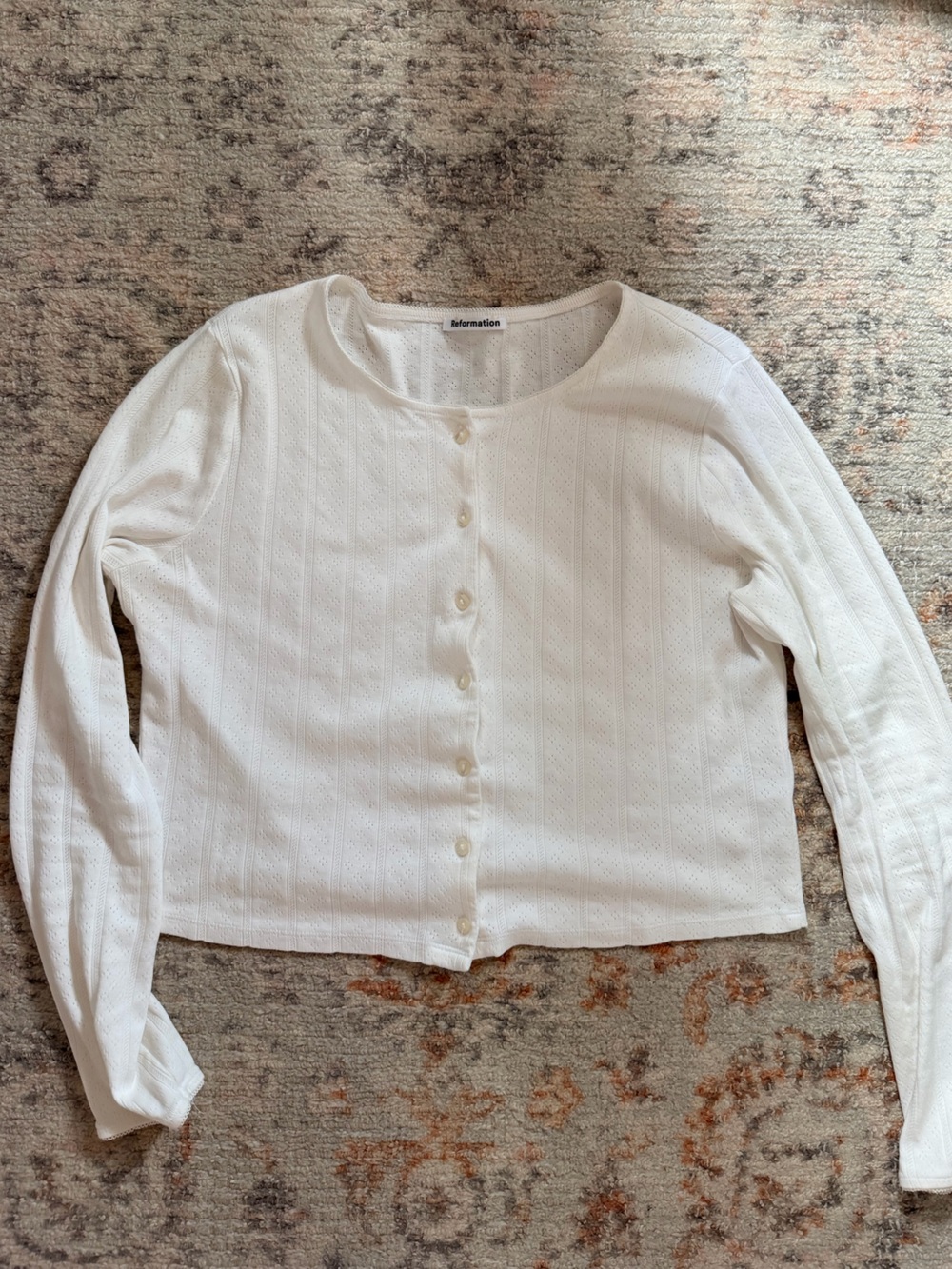 Reformation White Pointelle Button-Front Knit Cardigan
